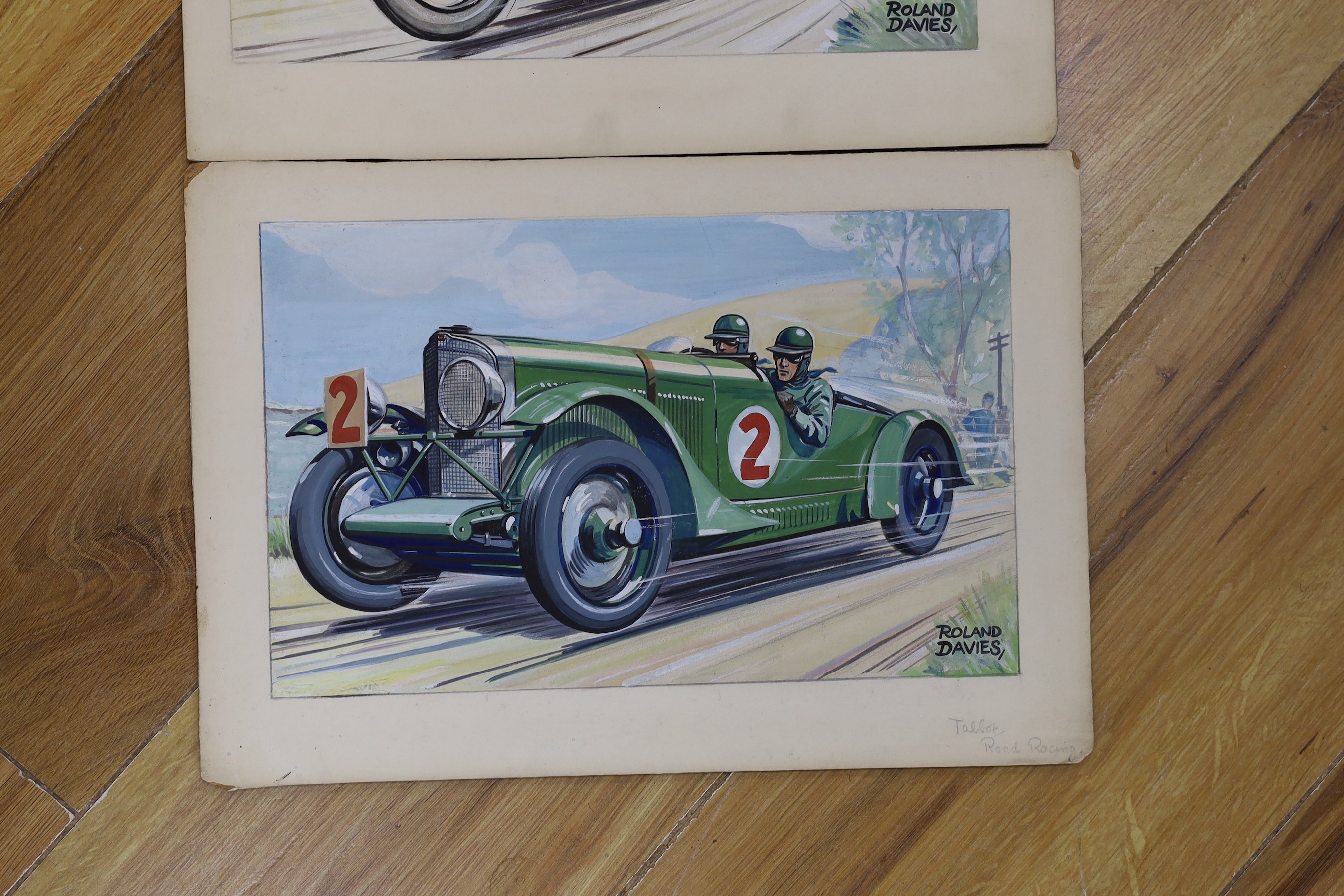 Roland Davies (1904-1993), three gouaches, Vintage transport, 'Legends of Speed', signed, 16 x 26cm, unframed